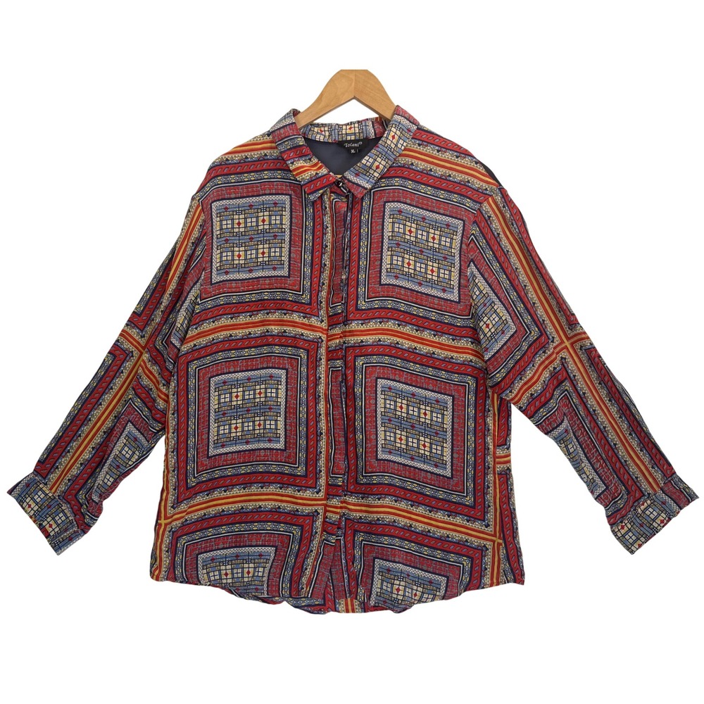Tolani Silk Sheer Detail Geometric Print Button Front Blouse Colorful Mod Sz XL